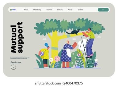Mutual Support: Rescue cat from tree -modern flat vector concept illustration of elderly woman and man on a ladder under the tree Metaphor of voluntary, collaborative exchanges of resource, services