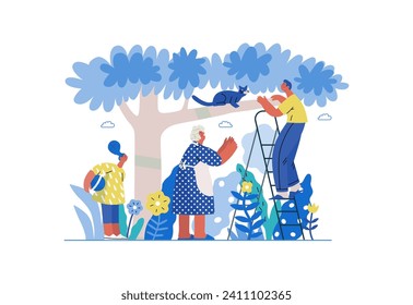 Mutual Support: Rescue cat from tree -modern flat vector concept illustration of elderly woman and man on a ladder under the tree Metaphor of voluntary, collaborative exchanges of resource, services