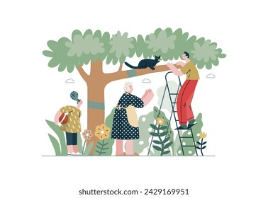 Mutual Support: Rescue cat from tree -modern flat vector concept illustration of elderly woman and man on a ladder under the tree Metaphor of voluntary, collaborative exchanges of resource, services