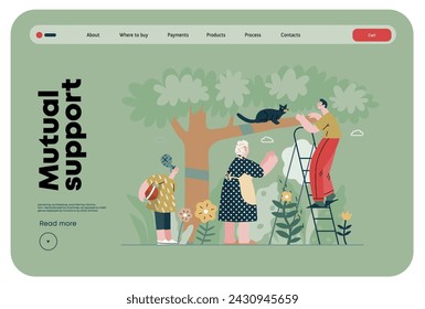 Mutual Support: Rescue cat from tree -modern flat vector concept illustration of elderly woman and man on a ladder under the tree Metaphor of voluntary, collaborative exchanges of resource, services