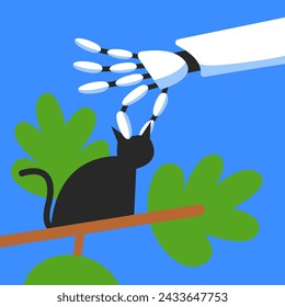 Mutual support: Rescue a cat from a tree. Metaphor of voluntary, joint exchange of resources and services. Flat vector illustration.