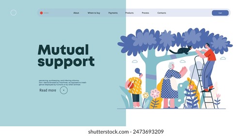 Mutual Support: Rescue cat from tree -modern flat vector concept illustration of elderly woman and man on a ladder under the tree Metaphor of voluntary, collaborative exchanges of resource, services