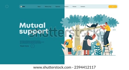 Mutual Support: Rescue cat from tree -modern flat vector concept illustration of elderly woman and man on a ladder under the tree Metaphor of voluntary, collaborative exchanges of resource, services