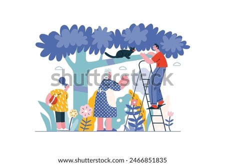 Mutual Support: Rescue cat from tree -modern flat vector concept illustration of elderly woman and man on a ladder under the tree Metaphor of voluntary, collaborative exchanges of resource, services
