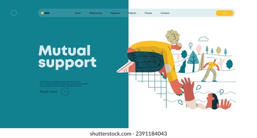 Apoyo mutuo: Salvar a una persona que se ahogue - moderno concepto vectorial plano ilustración de la mujer llegando a la mujer que se ahogó Una metáfora de intercambios voluntarios y colaborativos de recursos, servicios