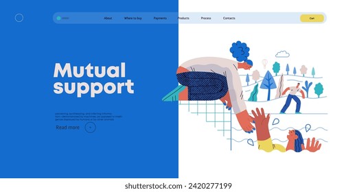 Mutual Support: Save a drowning person -modern flat vector concept illustration of woman reaching out to drowning woman A metaphor of voluntary, collaborative exchanges of resource, services