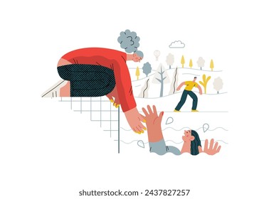 Mutual Support: Save a drowning person -modern flat vector concept illustration of woman reaching out to drowning woman A metaphor of voluntary, collaborative exchanges of resource, services