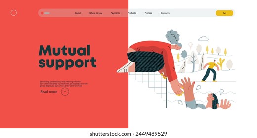 Mutual Support: Save a drowning person -modern flat vector concept illustration of woman reaching out to drowning woman A metaphor of voluntary, collaborative exchanges of resource, services