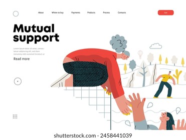 Mutual Support: Save a drowning person -modern flat vector concept illustration of woman reaching out to drowning woman A metaphor of voluntary, collaborative exchanges of resource, services
