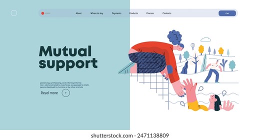 Mutual Support: Save a drowning person -modern flat vector concept illustration of woman reaching out to drowning woman A metaphor of voluntary, collaborative exchanges of resource, services