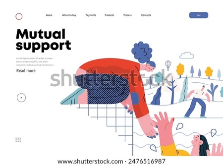 Mutual Support: Save a drowning person -modern flat vector concept illustration of woman reaching out to drowning woman A metaphor of voluntary, collaborative exchanges of resource, services