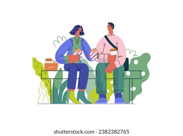 Mutual Support: Share food -modern flat vector concept illustration of woman offering half of her lunch to colleague in the park. A metaphor of voluntary, collaborative exchanges of resource, services