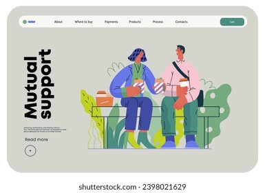 Mutual Support: Share food -modern flat vector concept illustration of woman offering half of her lunch to colleague in the park. A metaphor of voluntary, collaborative exchanges of resource, services