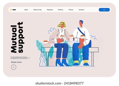 Mutual Support: Share food -modern flat vector concept illustration of woman offering half of her lunch to colleague in the park. A metaphor of voluntary, collaborative exchanges of resource, services