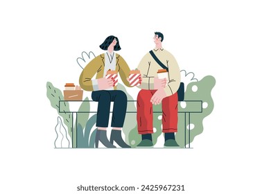 Mutual Support: Share food -modern flat vector concept illustration of woman offering half of her lunch to colleague in the park. A metaphor of voluntary, collaborative exchanges of resource, services