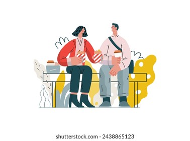 Mutual Support: Share food -modern flat vector concept illustration of woman offering half of her lunch to colleague in the park. A metaphor of voluntary, collaborative exchanges of resource, services