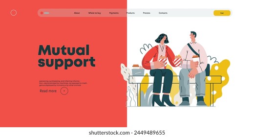 Mutual Support: Share food -modern flat vector concept illustration of woman offering half of her lunch to colleague in the park. A metaphor of voluntary, collaborative exchanges of resource, services