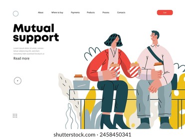 Mutual Support: Share food -modern flat vector concept illustration of woman offering half of her lunch to colleague in the park. A metaphor of voluntary, collaborative exchanges of resource, services