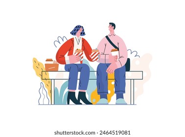 Asistencia mutua: Compartir comida - moderno concepto de Vector plano ilustración de mujer que ofrece la mitad de su almuerzo a un colega en el parque. Una metáfora del intercambio voluntario y colaborativo de recursos y servicios
