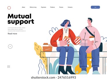 Mutual Support: Share food -modern flat vector concept illustration of woman offering half of her lunch to colleague in the park. A metaphor of voluntary, collaborative exchanges of resource, services