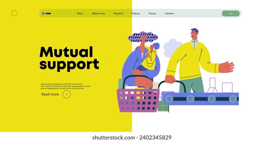 Mutual Support: Skip ahead in line -modern flat vector concept illustration of man letting woman with child go ahead in shop checkout line A metaphor of voluntary, collaborative exchanges of services