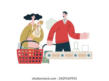 Mutual Support: Skip ahead in line -modern flat vector concept illustration of man letting woman with child go ahead in shop checkout line A metaphor of voluntary, collaborative exchanges of services