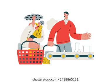 Mutual Support: Skip ahead in line -modern flat vector concept illustration of man letting woman with child go ahead in shop checkout line A metaphor of voluntary, collaborative exchanges of services