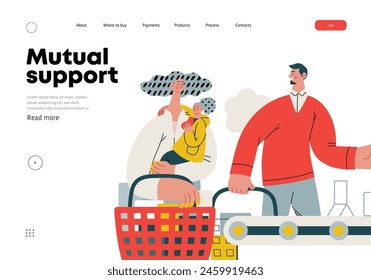 Mutual Support: Skip ahead in line -modern flat vector concept illustration of man letting woman with child go ahead in shop checkout line A metaphor of voluntary, collaborative exchanges of services