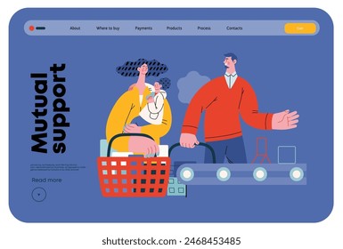 Mutual Support: Skip ahead in line -modern flat vector concept illustration of man letting woman with child go ahead in shop checkout line A metaphor of voluntary, collaborative exchanges of services