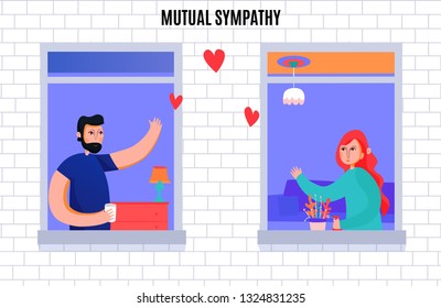 Mutual Sympathy Between Man And Woman Composition With Neighbors Waving Each Other From Windows Vector Illustration