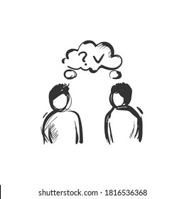 Mutual understanding line icon. Two people standing together and thinking the same. Outline drawing. Intuitive connection. Non-verbal comprehension concept. Isolated vector illustration