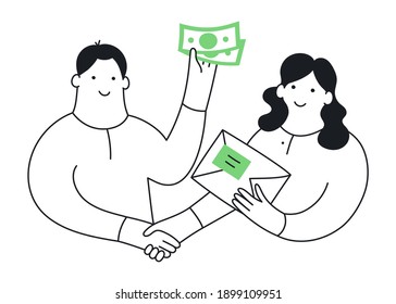 The mutually beneficial deal, purchase, payment, and receipt of the order. The cute cartoon man paying for a purchase and receiving a package from the cute elegant lady. Thin line modern vector