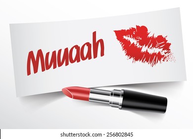 Muuaah written on note by lipstick with kiss, vector