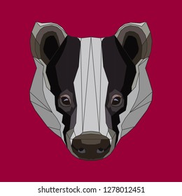 The muzzle of a badger. The head of an animal on a burgundy background. Polygonal stylization. Vector illustration.