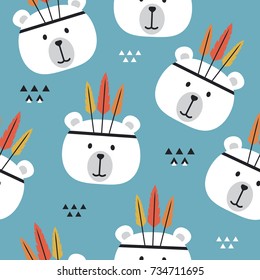 Muzzle of bears with feathers, hand drawn backdrop. Colorful seamless pattern with muzzles of animals. Wallpaper, good for printing. Overlapping background vector. Design illustration, indians