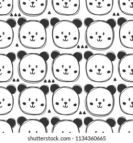 Muzzle of bears, hand drawn funny backdrop. Black and white seamless pattern with muzzles of animals. Wallpaper, good for printing. Overlapping background vector. Design illustration