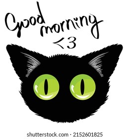 El bozal de un gato negro y el eslogan "¡Buenos días!" ilustración aislada en fondo blanco