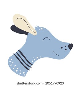 Muzzle is a blue dog with light ears up in a hand-drawn style on a white background