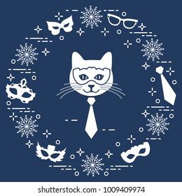 Muzzle of cat and carnival masks, snowflakes, glasses, tie. Carnival festive concept. Costume for party.