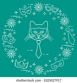 Muzzle of cat and carnival masks, snowflakes, glasses, tie. Carnival festive concept. Costume for party.