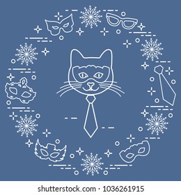 Muzzle of cat and carnival masks, snowflakes, glasses, tie. Carnival festive concept. Costume for party.