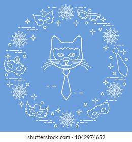Muzzle of cat and carnival masks, snowflakes, glasses, tie. Carnival festive concept. Costume for party.
