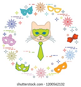 Muzzle of cat and carnival masks, snowflakes, glasses, tie. Carnival festive concept. Costume for party.