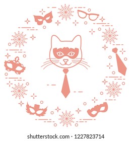 Muzzle of cat and carnival masks, snowflakes, glasses, tie. Carnival festive concept. Costume for party.