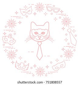 Muzzle of cat and carnival masks, snowflakes, glasses, tie. Carnival festive concept. Costume for party.