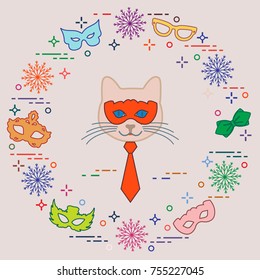 Muzzle of cat and carnival masks, snowflakes, glasses, tie. Carnival festive concept. Costume for party.