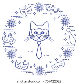Muzzle of cat and carnival masks, snowflakes, glasses, tie. Carnival festive concept. Costume for party.