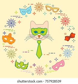 Muzzle of cat and carnival masks, snowflakes, glasses, tie. Carnival festive concept. Costume for party.