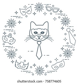Muzzle of cat and carnival masks, snowflakes, glasses, tie. Carnival festive concept. Costume for party.