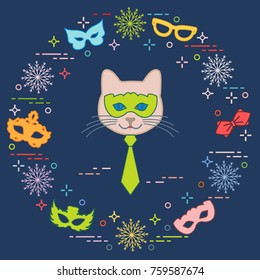 Muzzle of cat and carnival masks, snowflakes, glasses, tie. Carnival festive concept. Costume for party.